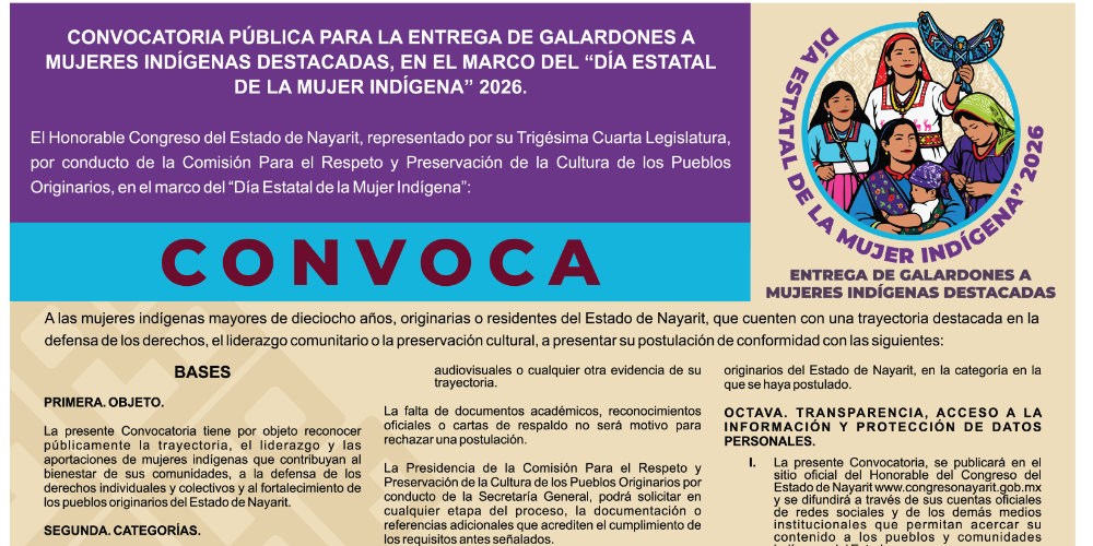 Convoca Congreso a reconocer a mujeres ind&iacute;genas destacadas de Nayarit